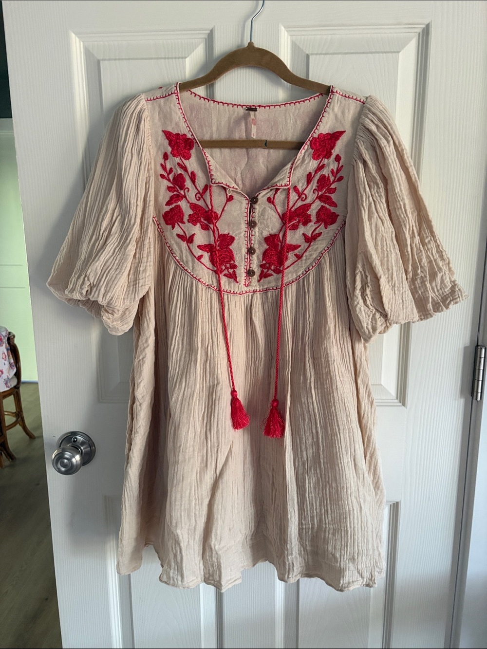 Free People Cream Red Embroidered Mini Dress Boho Gauze Peasant S